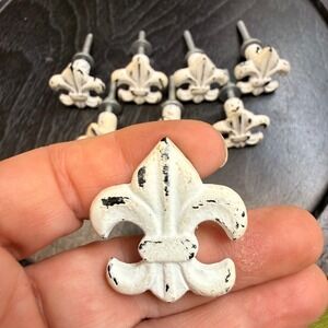 8Pc Fleur De Lis Cabinet Knobs Distressed White Iron Drawer Pulls VTG Style